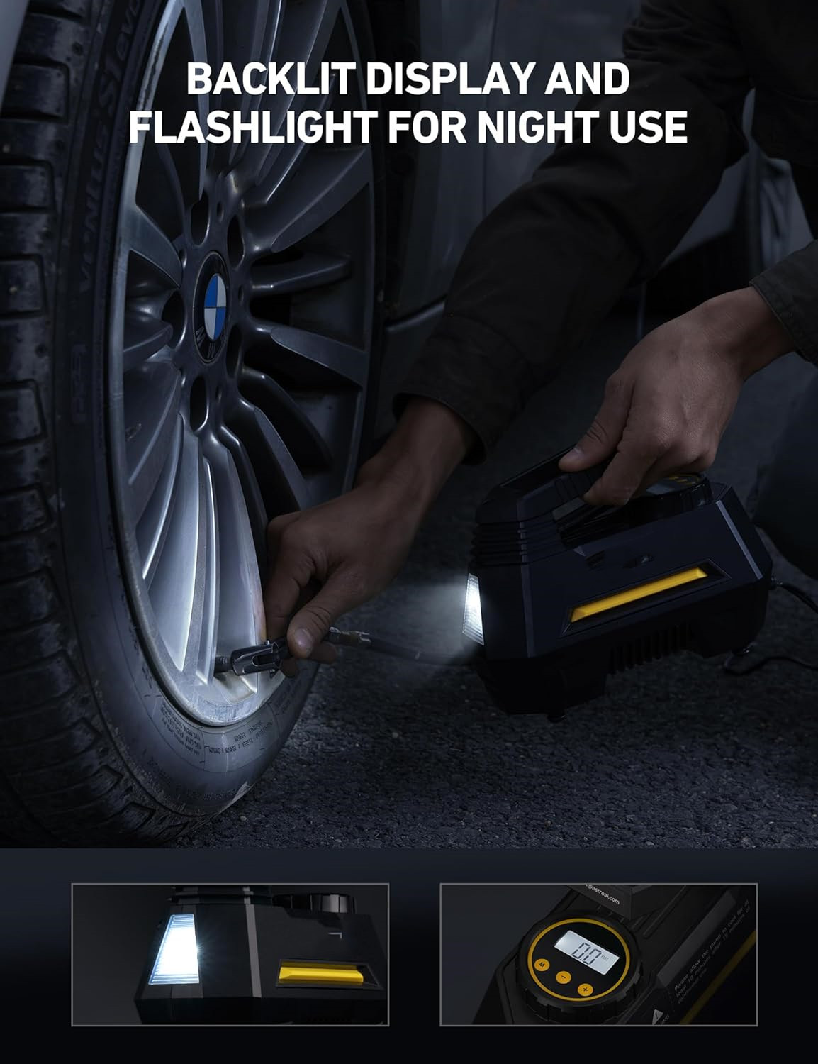 QC002 tire inflator with backlit display and LED light at night