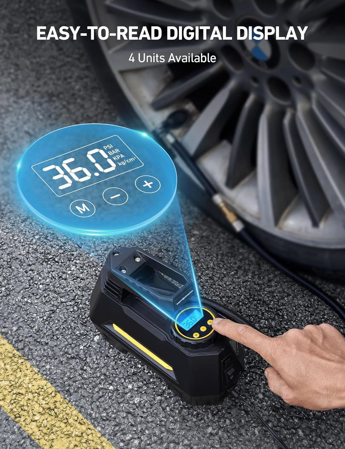 QC002 digital tire inflator pressure units display
