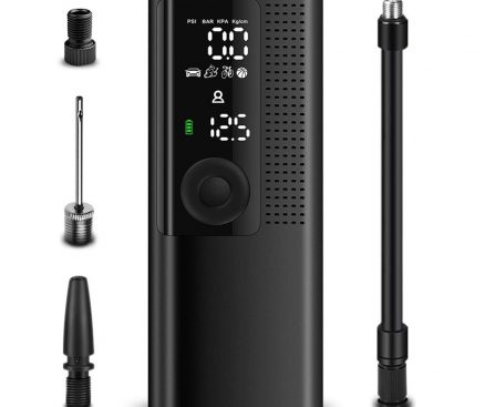 QC003 cordless digital tire inflator with hose and valve adapters