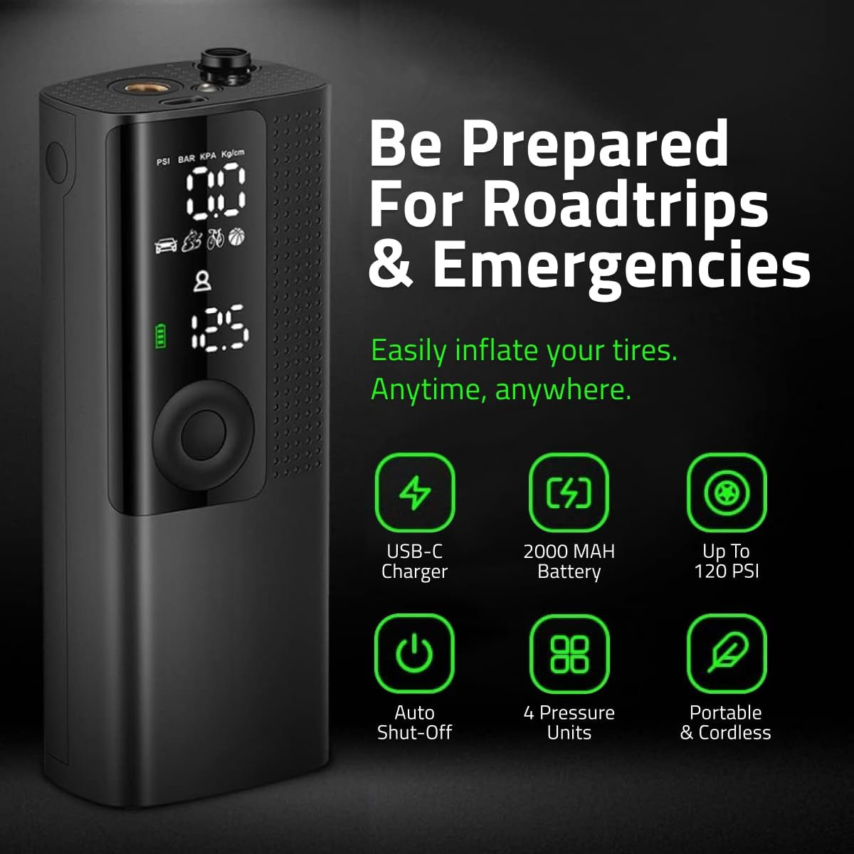 QC003 cordless digital tire inflator features including 120 PSI and 2000 mAh battery