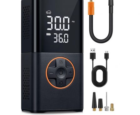 QC004 cordless digital tire inflator with air hose USB-C cable and valve adapters