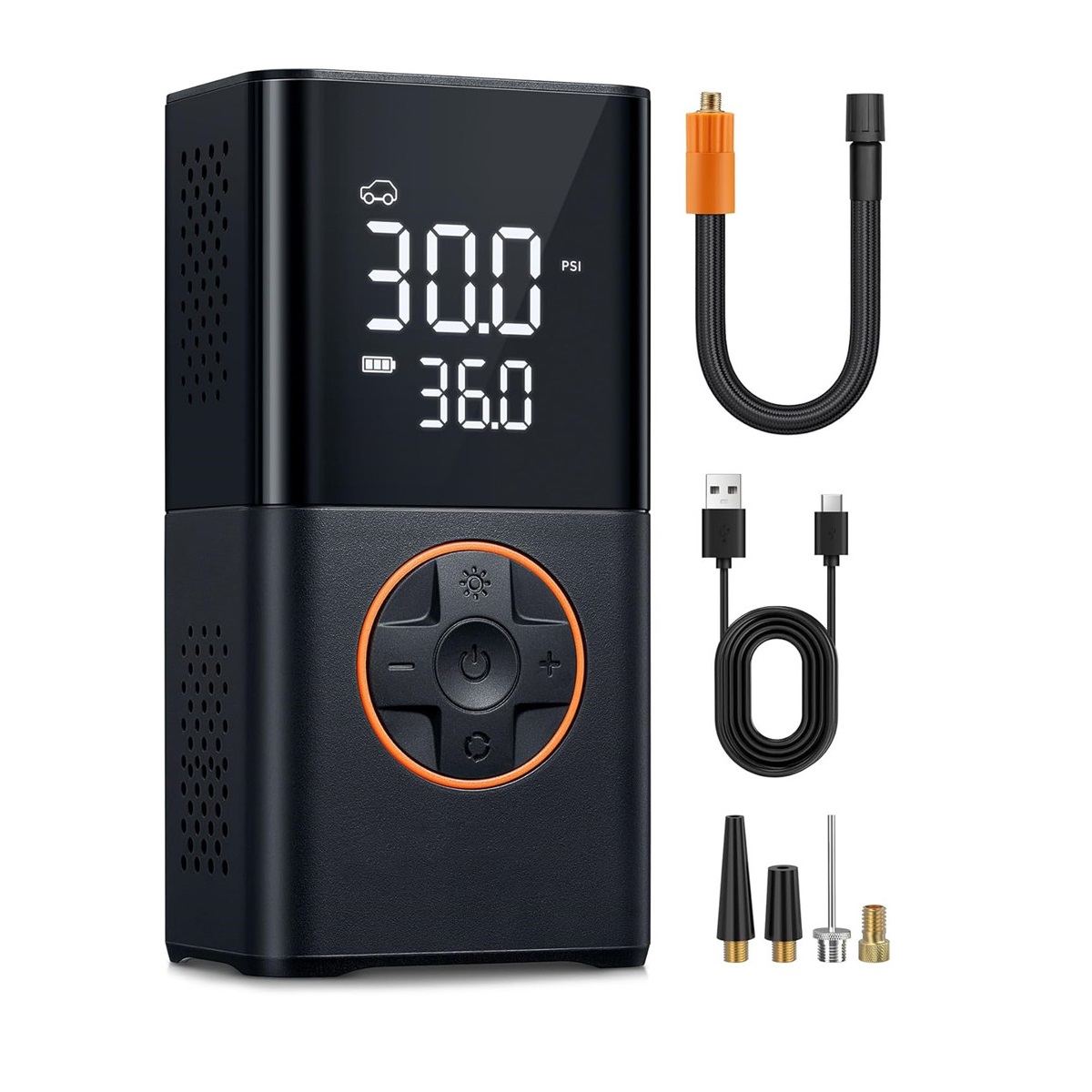 QC004 cordless digital tire inflator with air hose USB-C cable and valve adapters