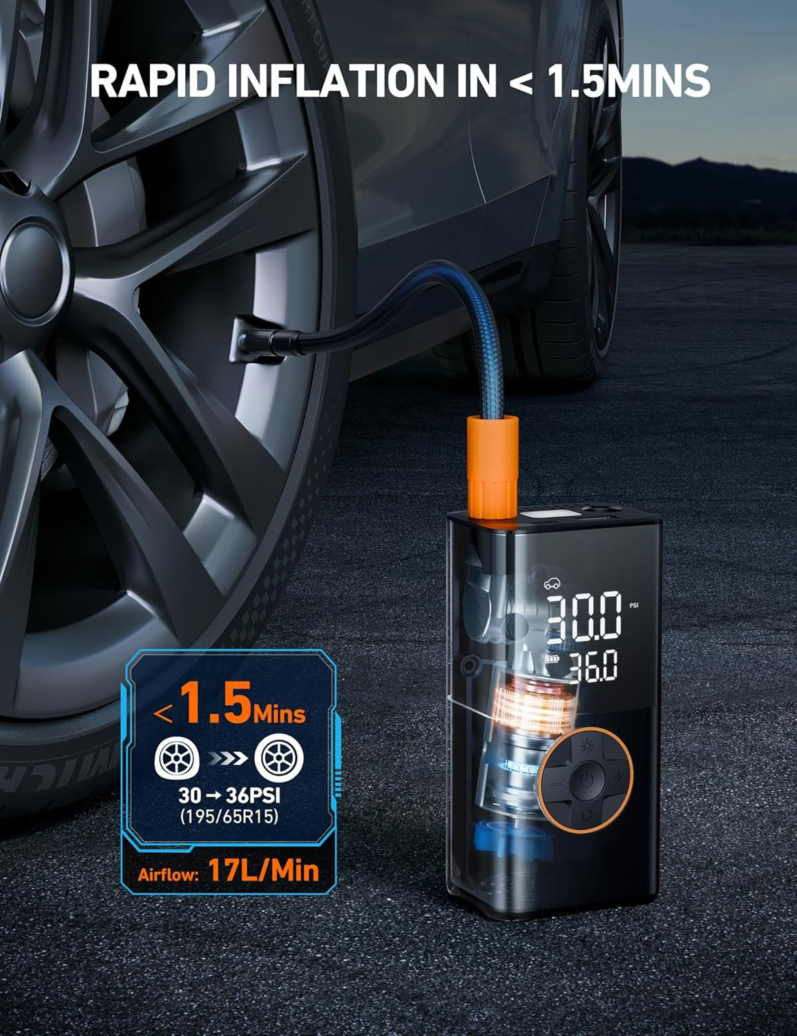 QC004 cordless digital tire inflator with 17 liter per minute airflow