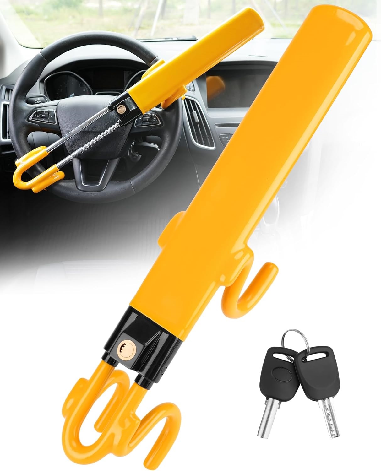 QC005 adjustable double-hook steering wheel lock with two keys