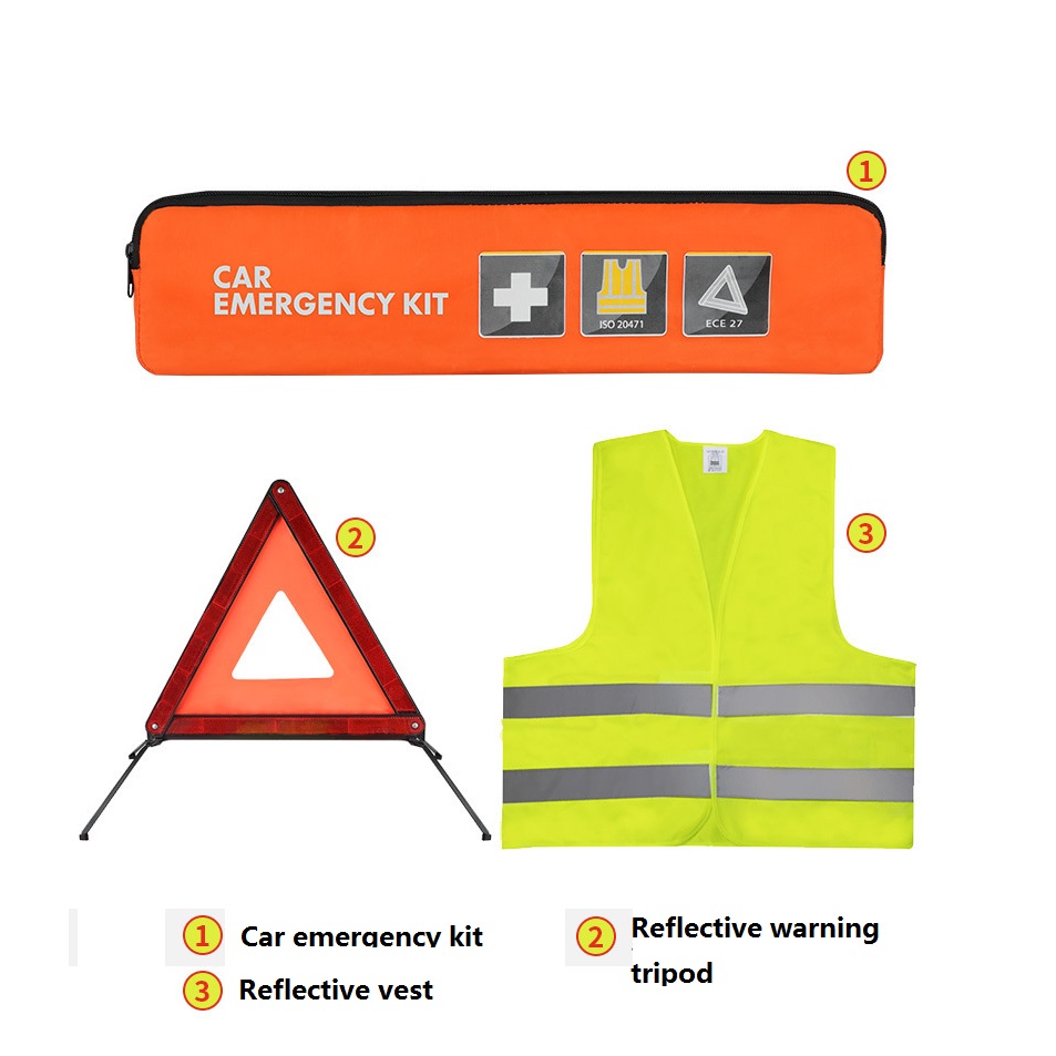 QC006 3-Piece Car Emergency Kit with Warning Triangle and Safety Vest - product detail view